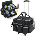 HODRANT Large Cleaning Caddy with Detachable Trolley & Shoulder Strap, Cleaning Supplies Bag with Handles & Support Plates, Cleaning Product Rolling Organizer for Car Wash and Housekeeping