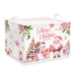 Clastyle 36L Large Pink Santa Claus Snowman Merry Christmas Shelf Basket with Handle Collapsible Rectangle Xmas Gift Tree Sleigh Toy Clothes Cube Storage Basket for Kids Room Nursery