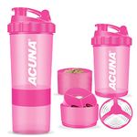 ACUNA Protein Shaker Bottle 600ml- 3 Layered Twist Off Cups For Pill & Supplement Storage - Steel Mixing Ball For Lump Free Smooth Shake- Easy To Clean Gym & Sports Shaker Bottle (Pink)