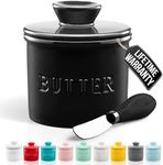 Zulay Kitchen Porcelain Butter Crock With Lid & Knife - Authentic French Butter Dish For Fresh & Spreadable Butter - Black