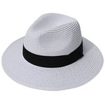 DRESHOW Women Straw Panama Hat Fedora Beach Sun Hat Wide Brim Straw Roll up Hat UPF 50+