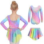 Zaclotre Girls Ballet Leotards Toddler Long Sleeve Crisscross Back Dance Dress Outfit with Removable Shiny Skirt Combo