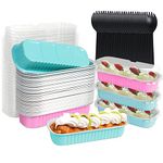 50Pack Disposable Mini Loaf Pans with Lids and Spoons, 6.8oz Rectangle Baking Cups Mini Cake Pans Cake Tins Ramekins Muffin Tins, Aluminum Foil Pans (Pink+Blue)