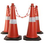 Kunplast Road Traffic Cone with Weighted Rubber Base, Pack of 4 cones 750mm with 4mtr chain + 4 hook (High Visibility Safety Cone with Reflective Strips Collar)