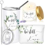 Sieral 3 Pcs Christian Gifts for Women Faith Be Still and Know Be Strong and Courageous Religious Travel Mug Tumbler Christian Prayer Candle Bible Verse Cosmetic Bag for Pastor Wife(Still)