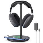 Headphone Stand with Wireless Charger, Gaming Headset Holder Hanger Rack 2 in 1 Wireless Charging Station Dock for iPhone 14/13/12/11 Series, Samsung, AirPods Pro/3/2 and Desk All Headphones, Black