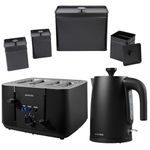 Salter COMBO-8859 Kuro Set – with Storage Canisters, Bin, Tea/Coffee/Sugar Tins, 1.7L Fast Boil Kettle, 4-Slice Toaster, Self-Centring Bread Guides, 3kW/1850W, Black