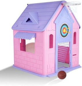 Charming Cottage Playhouse for Kids - Indoor Outdoor Play House with Basketball Hoop, Dart Board & Soccer Goal - Educational Role Play Toy for Kids 3-8Y