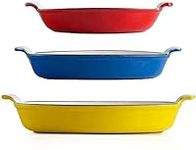 Big Smoke's Enamel Lasagne Dish - Set of 3 Enameled Cast Iron Oven Dish Set for Baking, Roasting, Braising and Boiling | Versatile Casserole Dishes for Cooking and Serving in Yellow, Blue and Red