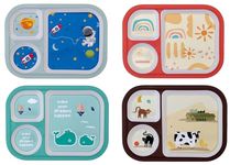 Magic Providers Melamine Kids Plate - Pack of 4 | Rectangular 3 Section Multicolor Melamine Plate with Cartoon Prints | Food Serving Plate with Partition