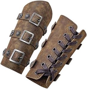 HiiFeuer Medieval PU Leather Buckle Arm Bracers, Knight LARP Retro Renaissance Arm Guards, One Size One Pair (Bronze)