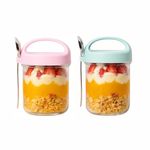 Soko 2 PC Overnight Oats Glass Jar with Lid and Spoon | Portable Mason Oatmeal Container | On-The-Go Breakfast Cup | Kitchen Storage for Healthy Eating - Fruit,Milk,Salad,Nuts,Yogurt - Pink & Blue