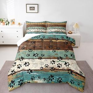 Manfei Dog Paw Print Comforter Set King Size, Animal Theme Bedding Set for Kids Boys Girls Room Decor, Farmhouse Blue Brown Wooden Plank Down Comforter, Soft Polyester Quilt Set,2 Pillowcases