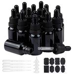 BENECREAT 15 PACK 15ml Black Glass Bottles with Dropper Pipettes Refillable Essential Oil Dropper Bottle with 8PCS Labels, 4PCS Hoppers and 20PCS Droppers for Aromatherapy Cosmetics Makeup