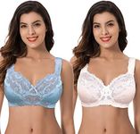 Curve Muse Women's Plus Size Minimizer Unlined Wirefree Lace Full Coverage Bras-2Pack-Starlight Blue,Pink Dogwood-46D (EU:105D)-V2