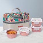 Borosil Kube Pink Universal Borosilicate Color Glass Lunchbox with Bag | Set of 4 (320ml x 2 Square + 240ml x 2 Round) | Microwave & Dishwasher Safe, Leakproof | Tiffin for Office, School