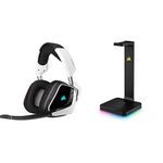 Corsair VOID ELITE RGB Wireless Gaming Headset - White & ST100 RGB Premium Headset Stand (Durable Aluminium Construction, Dynamic 9 Zone RGB Lighting, Built-In 3.5 mm Analog Input, Black