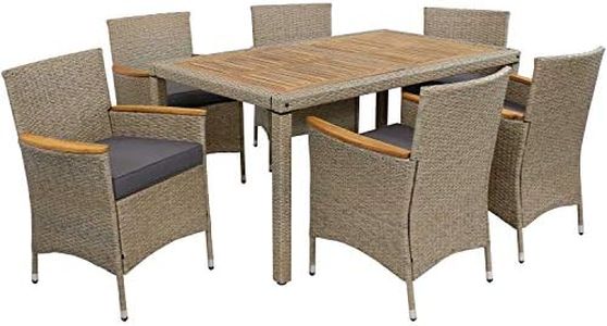 Sunnydaze Foxford 7-Piece Rattan and Acacia Outdoor Dining Set - 1 Table and 6 Chairs with 6 Thick Seat Cushions