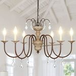 FinExpect French Country Chandelier 6-Light Imitation Wood Farmhouse Chandelier with Crystal Pendant Rustic Vintage Candle Chandeliers for Dining Room Living Room Bedroom Kitchen Foyer, Dia 28"