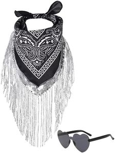 JIANGLAI Fringe Rhinestone Bandana with Heart Sunglasses, Disco Cowgirl Bachelorette (Black)
