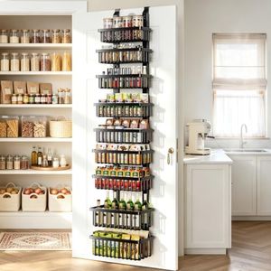 POKIPO 9 Tier Narrow Over The Door Pantry Organizer, 2 in 1 Wall Mount or Hanging Spice Rack with Adjustable Deep Basket, Heavy-Duty Seasoning Organizer and Storage for Kitchen Closet Bathroom