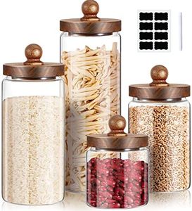 Gerrii Glass Storage Jars Set of 4, Clear Food Storage Containers with Wooden Lids Airtight Kitchen Canisters with Sticker and Chalk for Candy Cookie Rice Sugar Flour Pasta Nuts Beans Spice, 4 Sizes