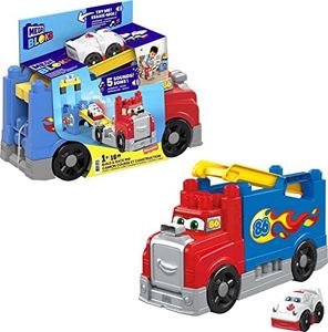 MEGA BLOKS Fisher-Price Toddler Blocks Race Car Building Toy, Build & Race Rig with 16 Pieces, 5 Sounds and Race Track, Red, Gift Ideas for Kids