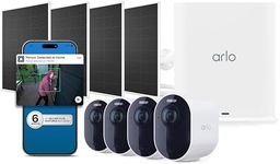 Arlo Ultra Security Camera 4K HDR (3rd Gen) - 4-Cam + 4 Solar + 6 Mo Plan | 4K HDR video; 180° field of view; SmartHub incl.; AI detection & event captions; Emergency response; 6-mo Secure plan incl.