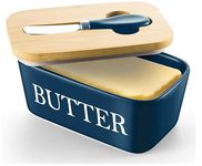 Esilihom Large Butter Dish with Lid and Knife, Airtight Porcelain Butter Container, Ceramic Butter Storage with Sealing Covered, Butter Keeper for Countertop for Butter, Cheese, Nuts (Blue)