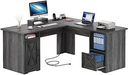 YITAHOME L Shaped Desk with Power Outlets, 60 Inch Computer Desk Corner Desk with File Drawer, Home Office Desk with Monitor Stand & Storage Shelves, L-Shaped Desk with File Cabinet, Grey