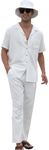 Eyoupeer Men 2 Piece Linen Set Outfit Beach Button Down Shirt and Pant Set Summer Casual Outfit With Hat and Scarf White Small