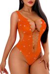 Avidlove Woman Fishnet Bodysuit Rhinestone Body Suits Mesh Lingerie Sexy Fishnets Lingerie Sparkle Bodysuit Teddy Lingerie Orange