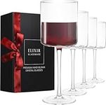 Square Red Wine Glasses Set of 4 - Hand Blown Edge Wine Glasses - Modern Flat Bottom Wine Glasses - Unique Large Wine Glasses with Stem for Cabernet, Pinot Noir, Burgundy, Bordeaux - 17oz Clear