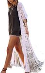 Bsubseach Women's Sexy White 3/4 Sleeve Lace Tassel Fringe Kimono Cardigan Long Swimsuit Bikini Cover Up