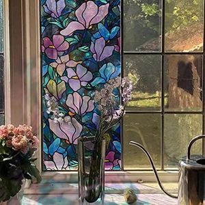 funlife Hand-Drawn Stained Glass Window Film, Double-Sided Thickened Static Cling Window Cling, Non-Adhesive Glass Windows Decor for Window Glass Door, 17.7"x118", Winter Blue Magnolia