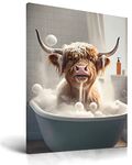 UPWOIGH Funny Highland Cow Wall Art in Bathtub, Colorful Canvas Cow In Bathroom Picture, Humor Animals Bathroom Artwork Prints Rustic Farmhouse Style Wall Decor Ready To Hang for Living Room, Bathroom, Bedroom, Kids Bathroom Decor (12"x16", Framed)