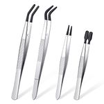 4 Pieces Tweezers Set with Rubber Tips Tweezers PVC Coated Tweezers, Rubber Fine Point tweezers Rubber Flat Tip Tweezer Long Bent Tweezers for Jewelry Hobby Industrial Hobby Craft (Black)