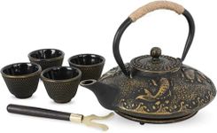 YHK Tea Kettle, Japanese Tetsubin with Golden Koi Fish Pattern Cast Iron Teapot with Infuser for Loose Tea, Teapot Stovetop Safe, (750ml), Black Melody