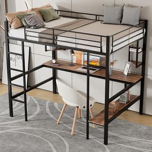 Moimhear 90 x 200 cm, estructura de cama de metal, cama de hierro con escritorio, cama alta con cuatro estantes pequeños y una gran estantería para niños, adolescentes y adultos, negro