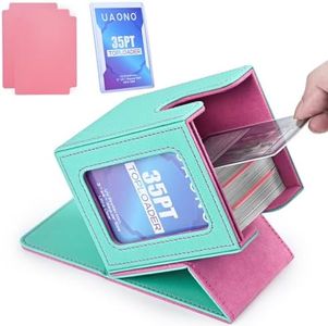 UAONO Card Deck Box with MTG Commander Display, Patented Design Card Deck Case Holds 100+ Double-Sleeved Cards, PU Leather Cards Storage Box For TCG with 2 Dividers, 1 Toploader (Turquoise&Pink)