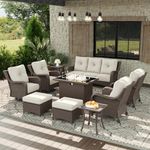 Aeeiua 10 Piece Patio Furniture Set with Fire Pit Table, All-Weather Wicker Outdoor Conversation Set with Swivel Rocking Chair and 6 Inch Thick Cushions