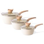 Non Stick Saucepan Set – Induction Saucepan with Lid – 3pcs Cream Granite Sauce Pan – 16cm, 18cm, 20cm Saucepot Set – by Nuovva