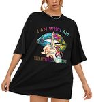 WearAll Women Ladies Oversized I Am Who I Am Print Short Sleeve T-Shirt Top Black Plus Size 8-10