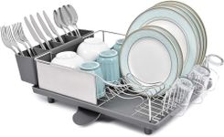 Urackify Dish Drainer,Stainless Steel Dish Rack,Dish Drying Rack with Anti-Rust Frame, Optional 2 Direction Spout Drain Board Design, Removable & Large 4 Compartment Utensil Holder for Kitchen, Grey