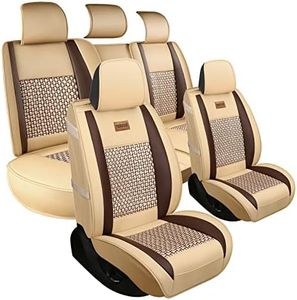 FREESOO Car Seat Cover, Leather Seat Covers Full Set, Classic Breathable Padded Automotive Seat Protector Most Sedan SUV Truck Universal with Pillows Khaki Brown