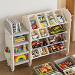 Jnancun Toy Storage Organizer with Bookshelf with Wheels,13 Storage Bins 4-Tier Multipurpose Shelf to Organize Toys and Books for Kids Room, Playroom, Nursery Room (Groundhog)