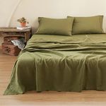 Simple&Opulence 100% Linen Sheet Set with Embroidery Stone Washed 4 Pieces (1 Flat Sheet & 1 Fitted Sheet & 2 Pillowcases) Natural French Flax Soft Breathable Bedding (King, Olive)