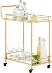 mDesign Metal Vintage Beverage Rolling Cart for Home - 2-Tier Serving Bar Trolley with Easy-Glide, Rotating Wheels, Built-in Handle, and Glass Shelves for Wine and Craft Beer - Soft Brass