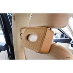 Automaze PU Leather Car Armrest Headrest Seat Tissue Napkin Box Holder, Interior Car Accessories (Beige, Headrest/Armrest Type)