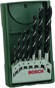 Bosch 7pc. Mini-X-Line Brad Point Wood Drill Bit Set (for Soft- and Hardwood, Ø 3-10 mm, Accessories Drill Driver and Drill Stand)